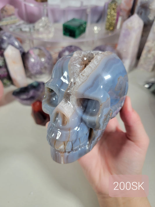 Druzy Blue Agate Skull Carving 200SK