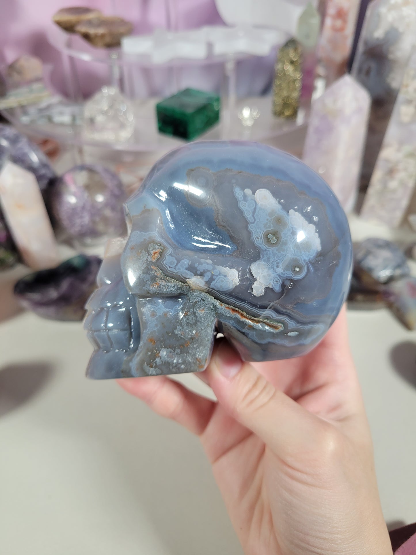 Druzy Blue Agate Skull Carving 200SK