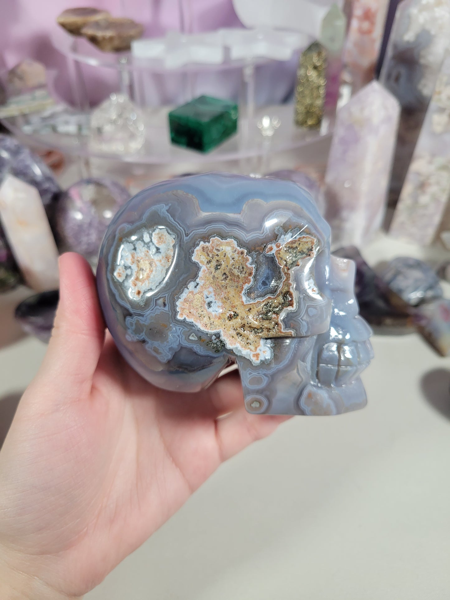 Druzy Blue Agate Skull Carving 200SK