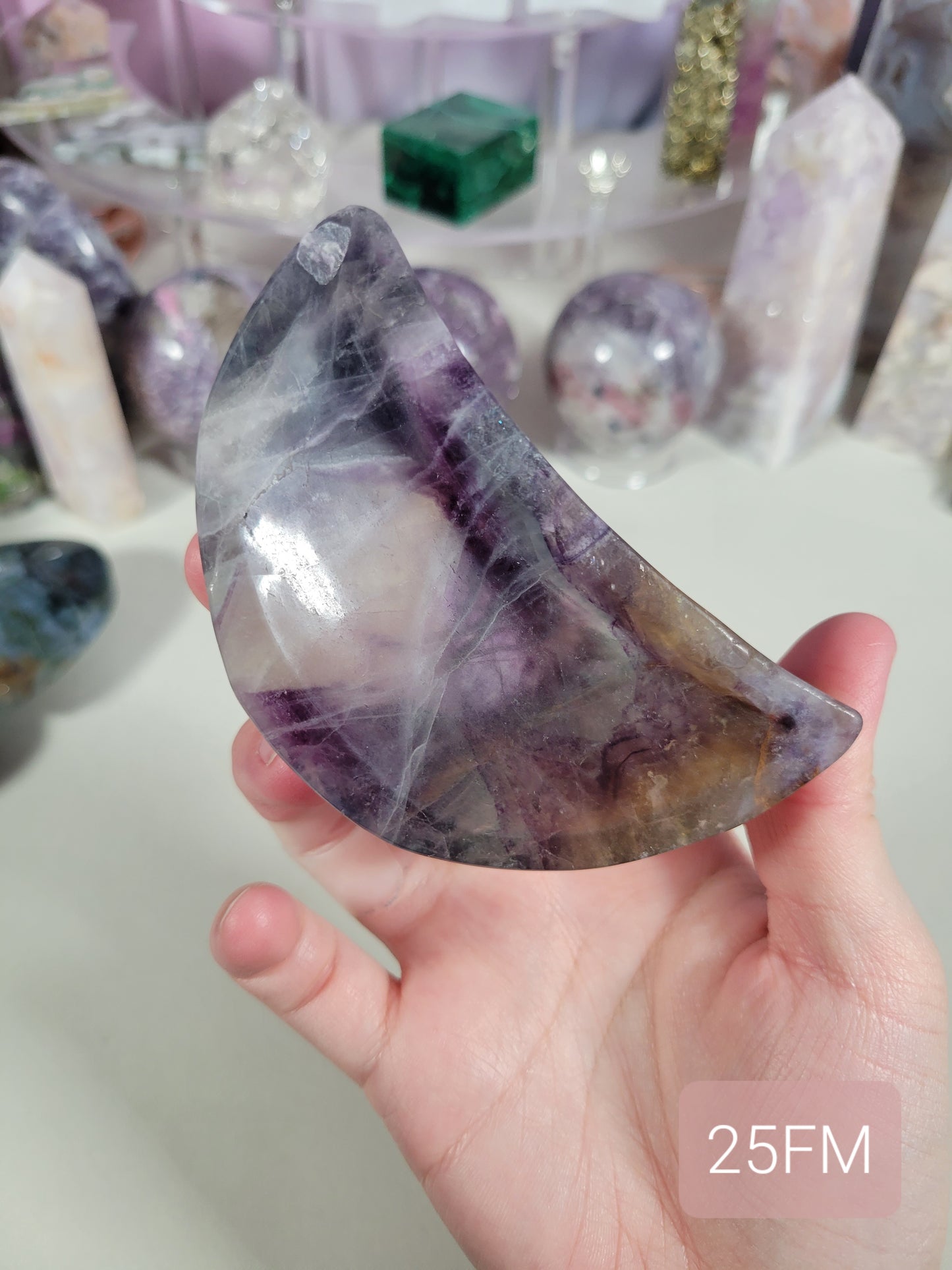 Rainbow Fluorite Moon Dish Carving 25FM