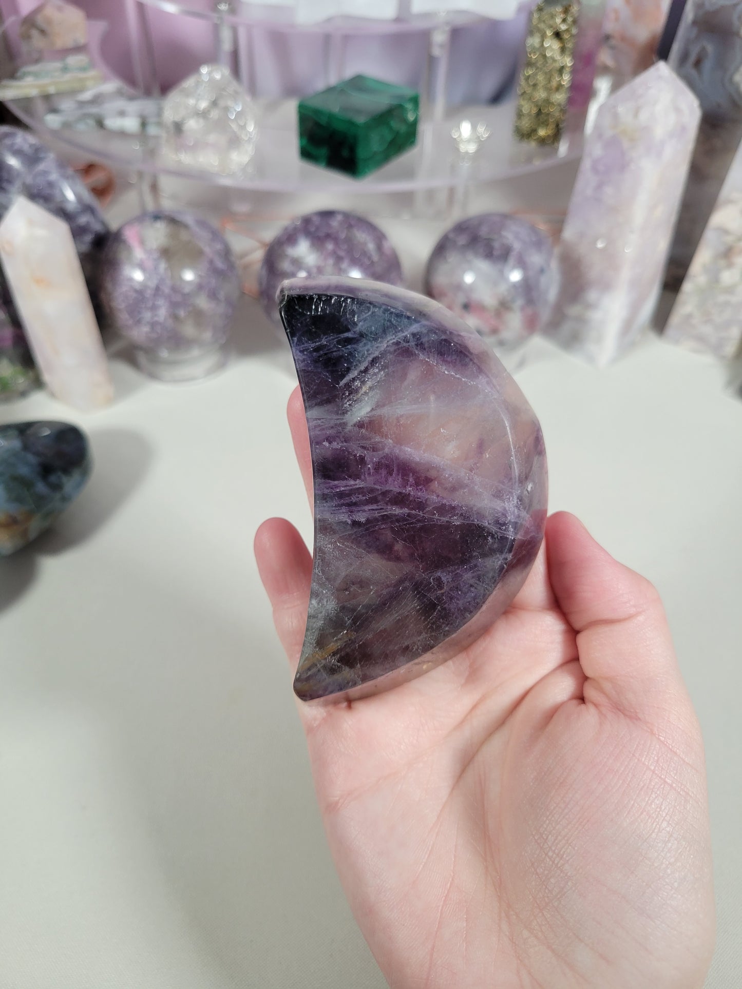 Rainbow Fluorite Moon Dish Carving 25FM