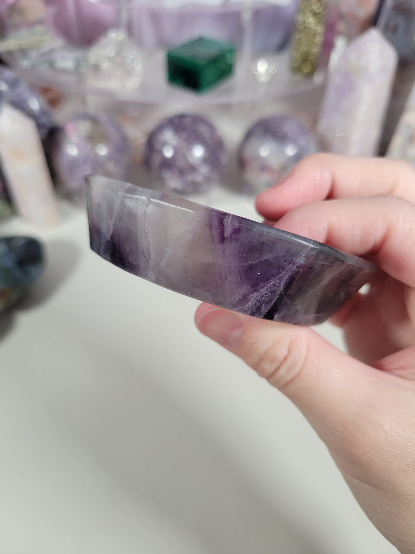 Rainbow Fluorite Moon Dish Carving 25FM