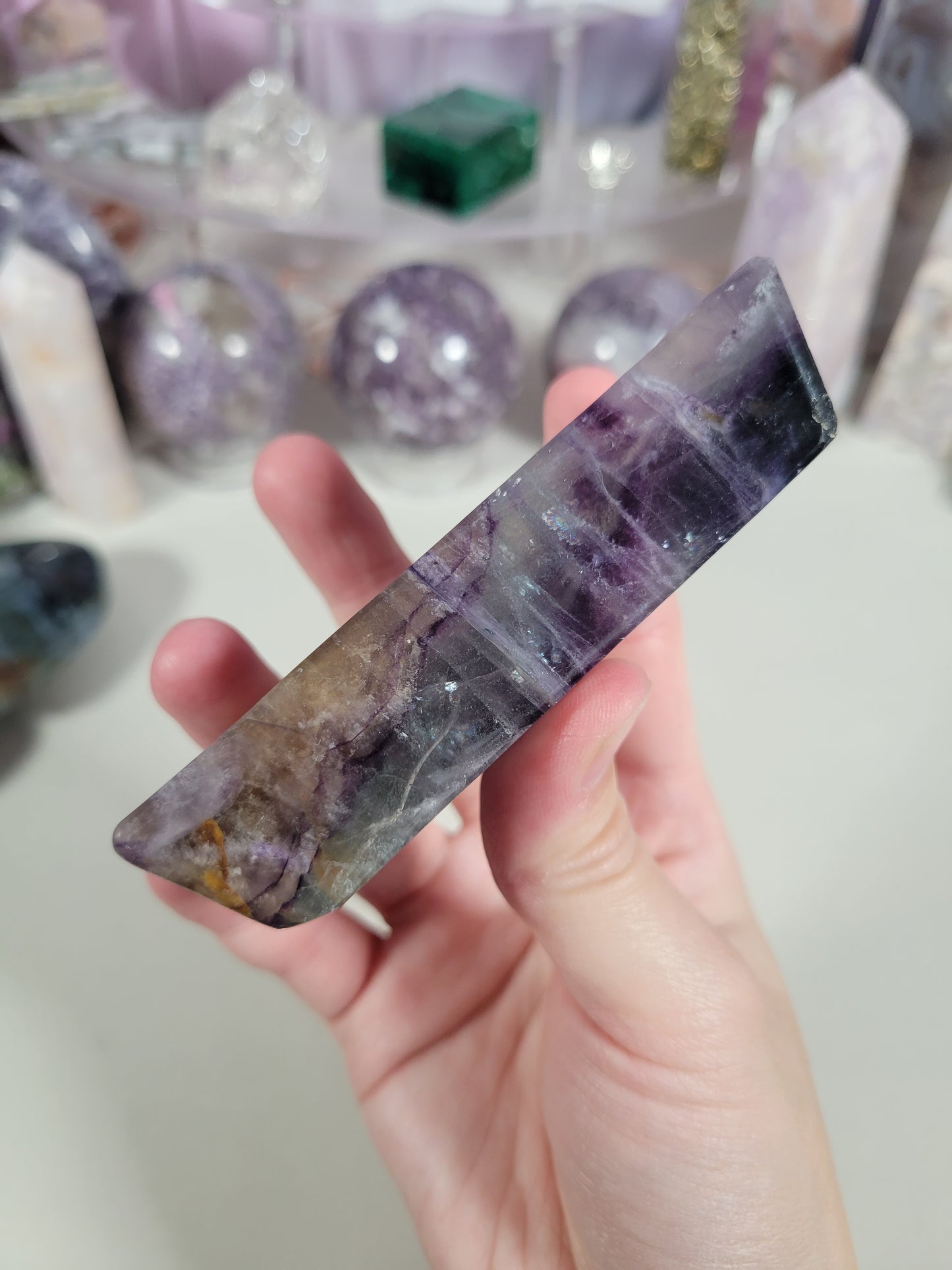 Rainbow Fluorite Moon Dish Carving 25FM