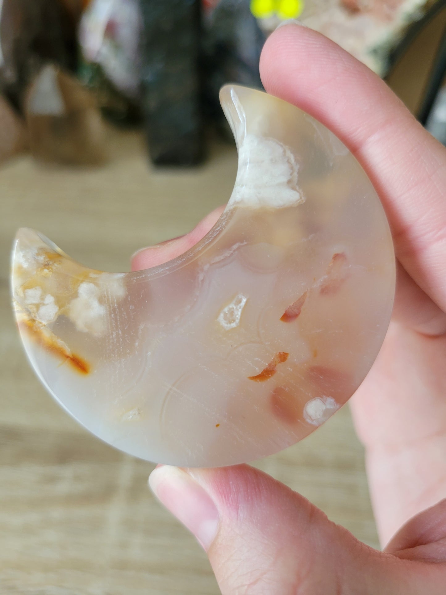 Warm Flower Agate Moon Carving 15FG