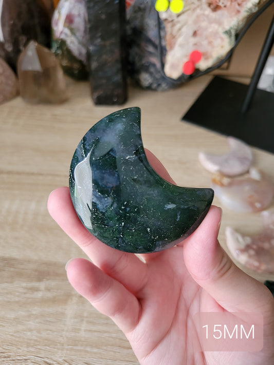 Dark Moody Blue Moss Agate Moon Carving 15MM