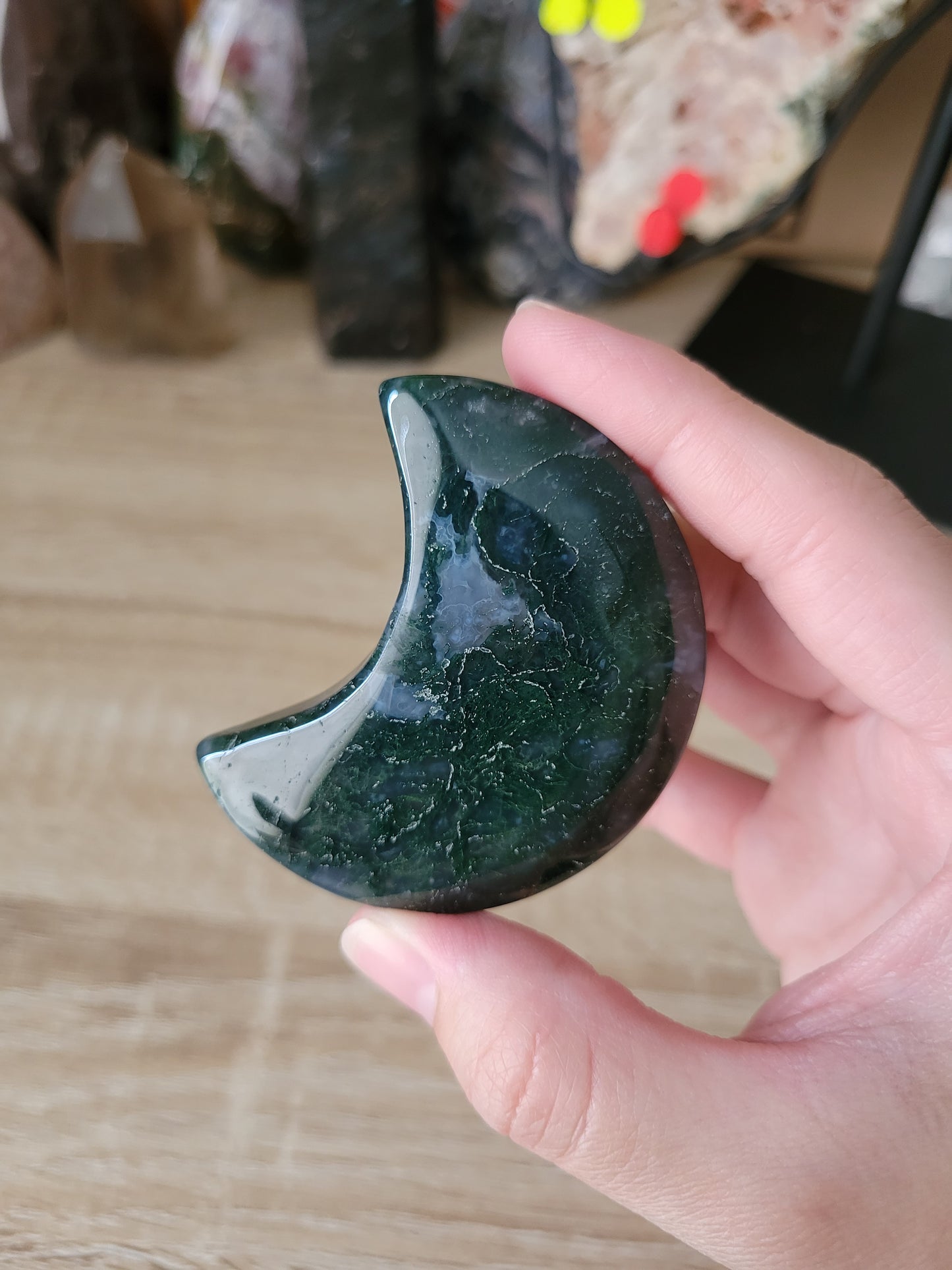 Dark Moody Blue Moss Agate Moon Carving 15MM