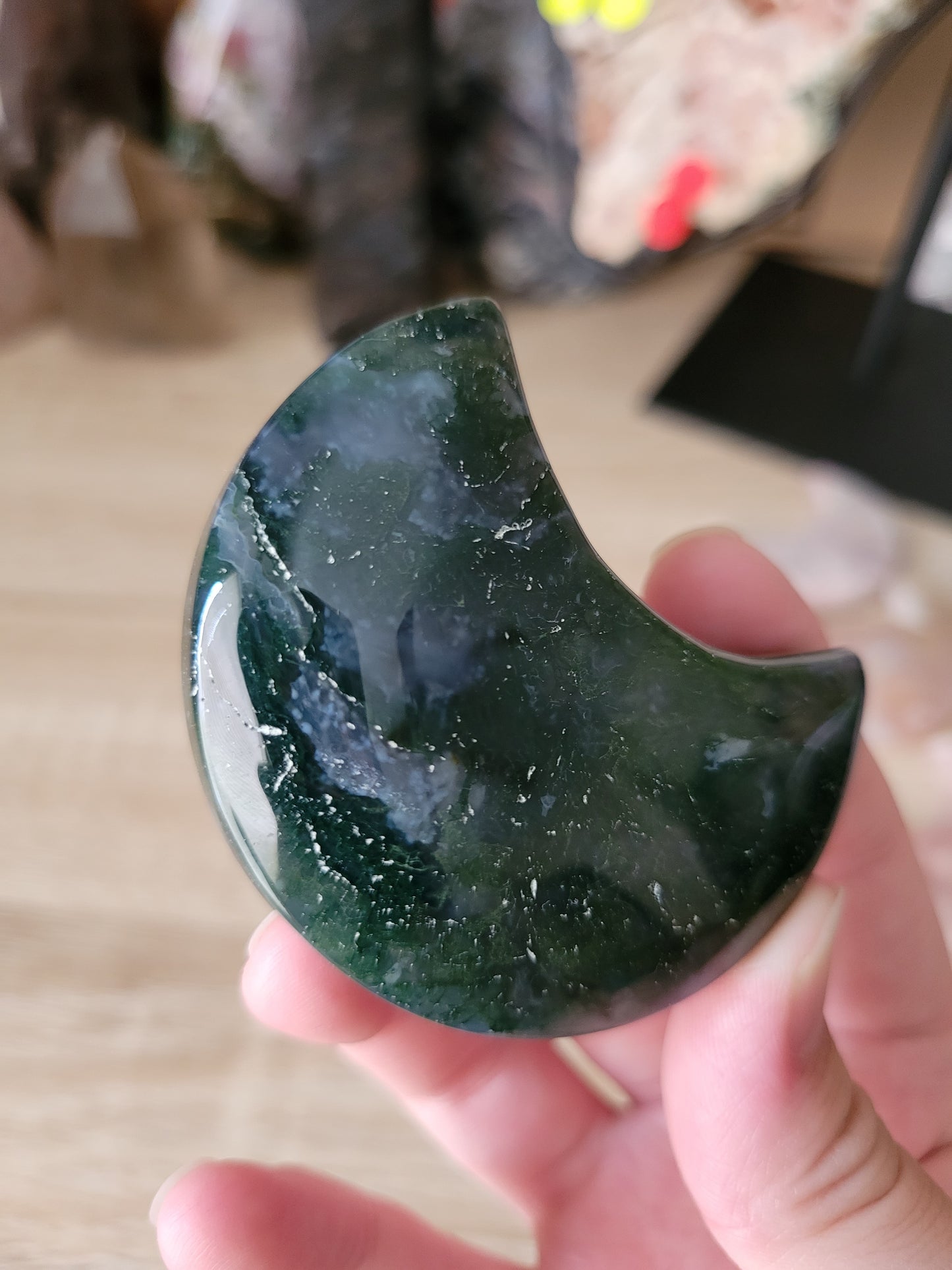 Dark Moody Blue Moss Agate Moon Carving 15MM