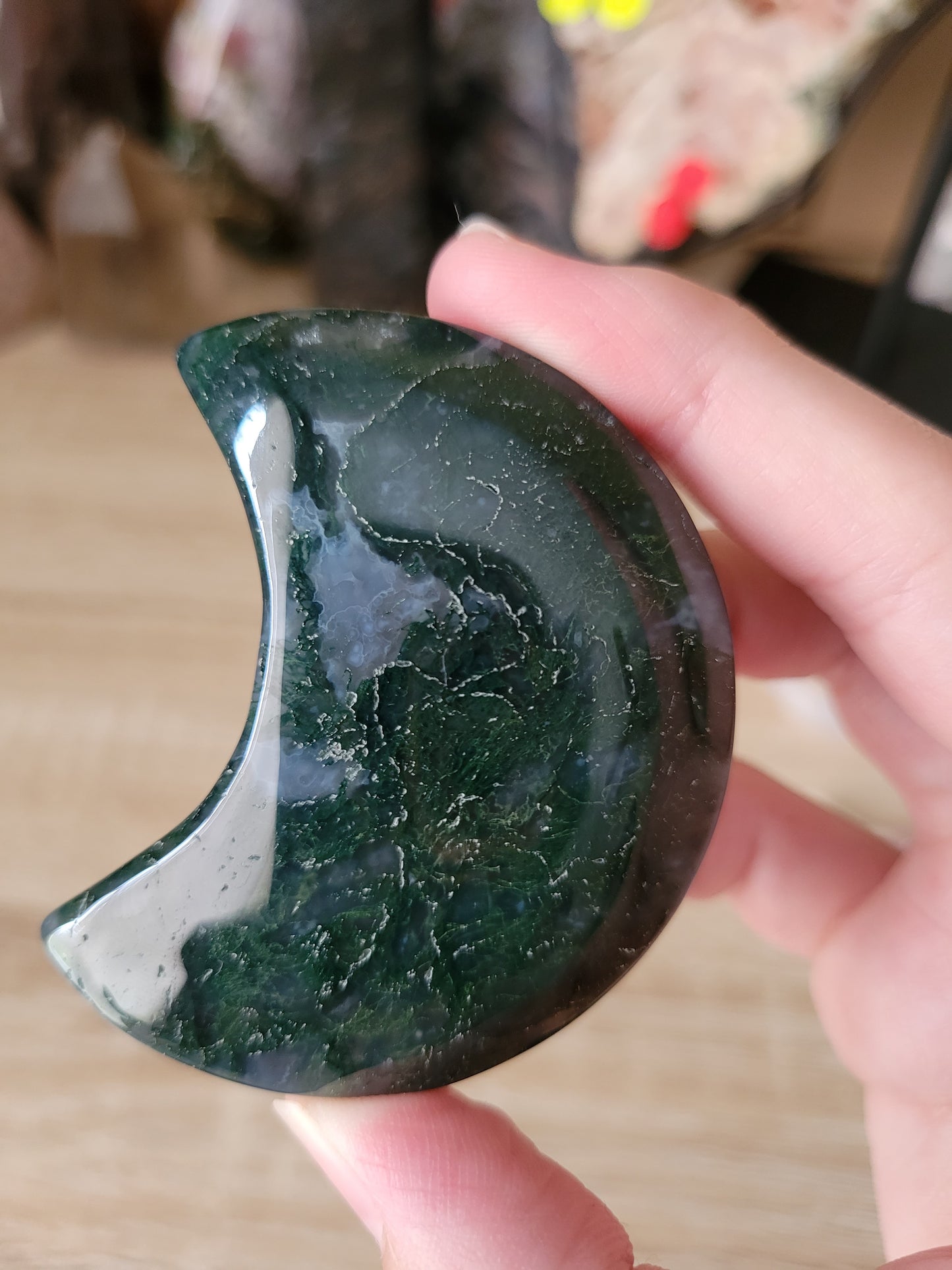 Dark Moody Blue Moss Agate Moon Carving 15MM