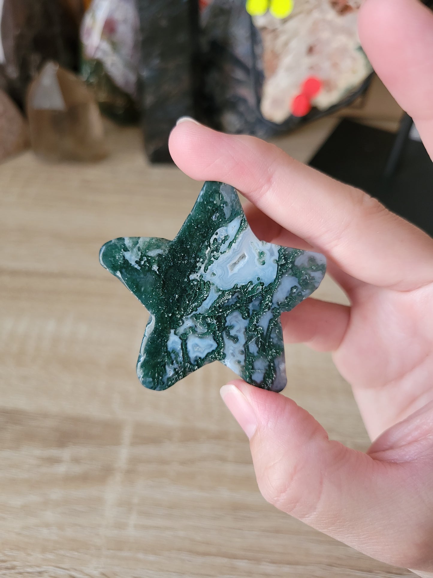 Cute Moss Agate Star Carving 10MS