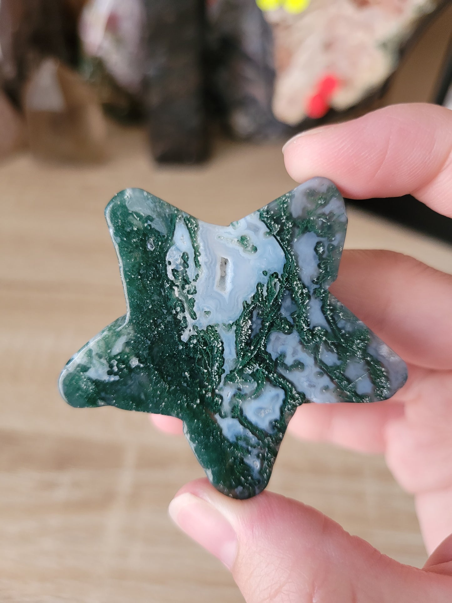 Cute Moss Agate Star Carving 10MS