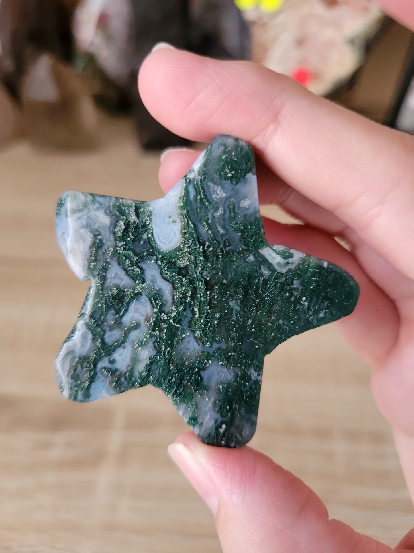 Cute Moss Agate Star Carving 10MS