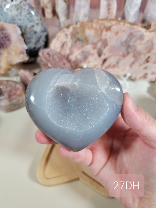 Sparkly Druzy Blue Grey Agate Heart Carving 27DH