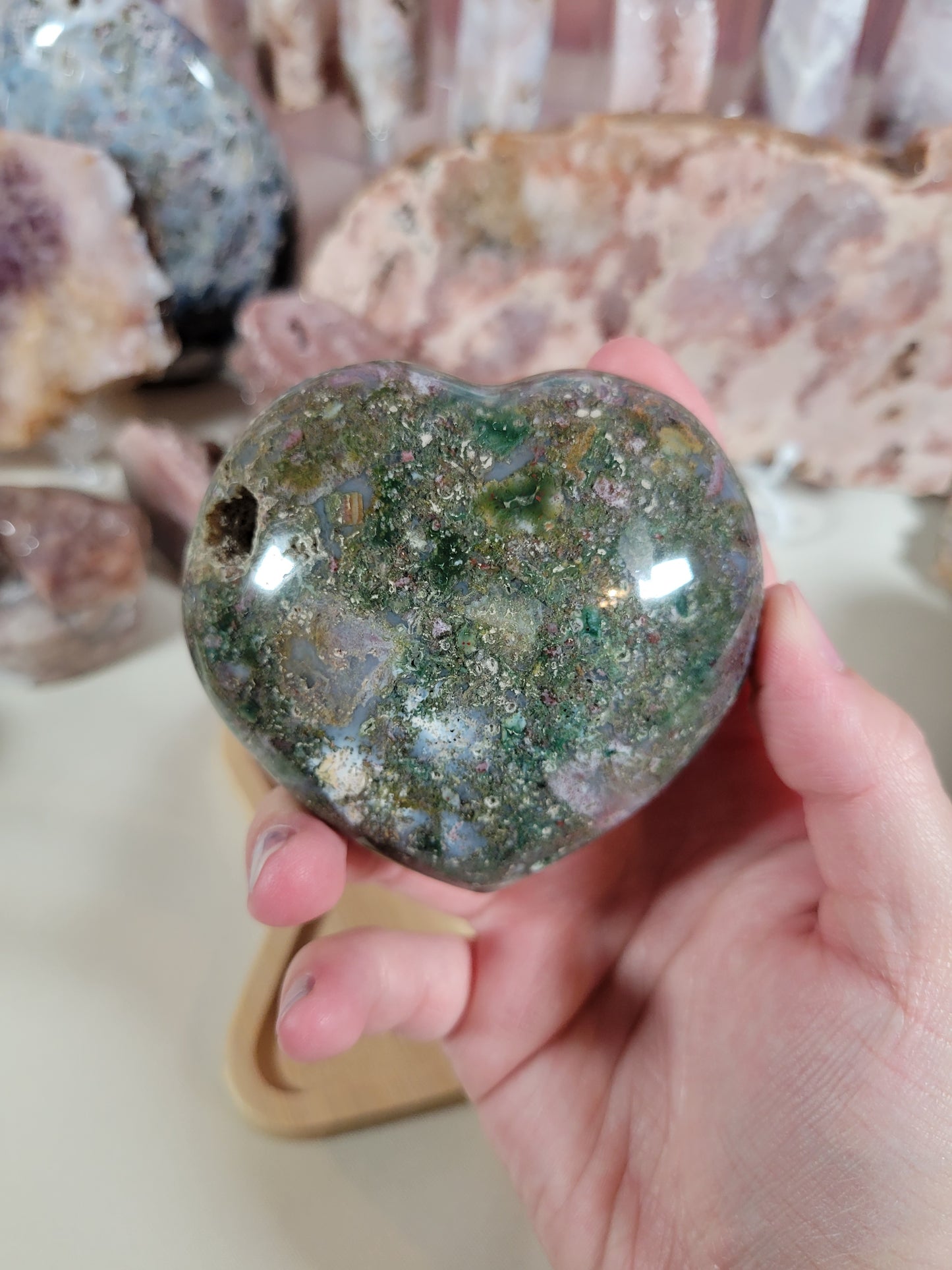 Green Pink Pastel Ocean Jasper OJ Heart Carving 25JO