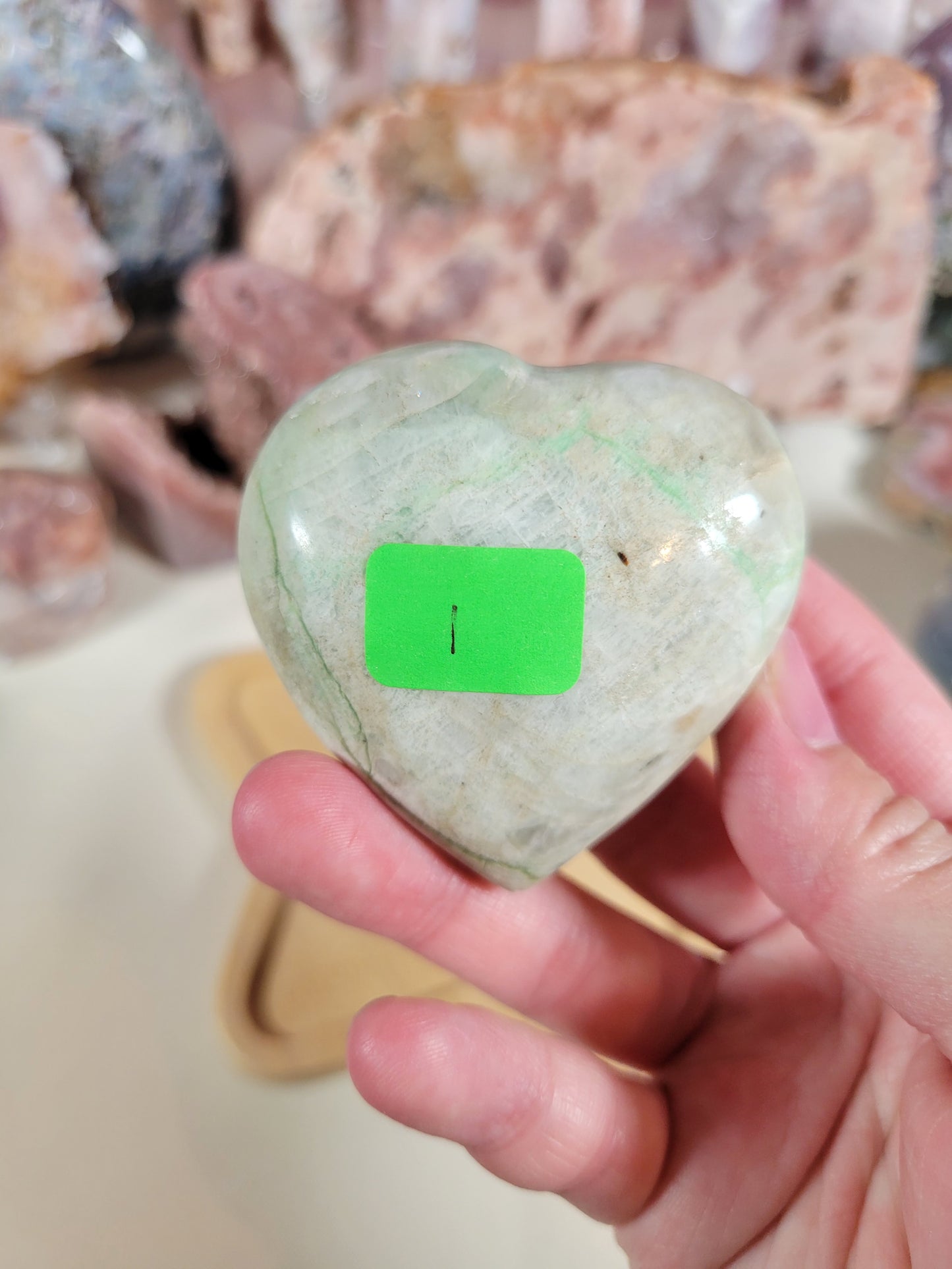 Very Low Flash Green Moonstone Heart Carving 6MH