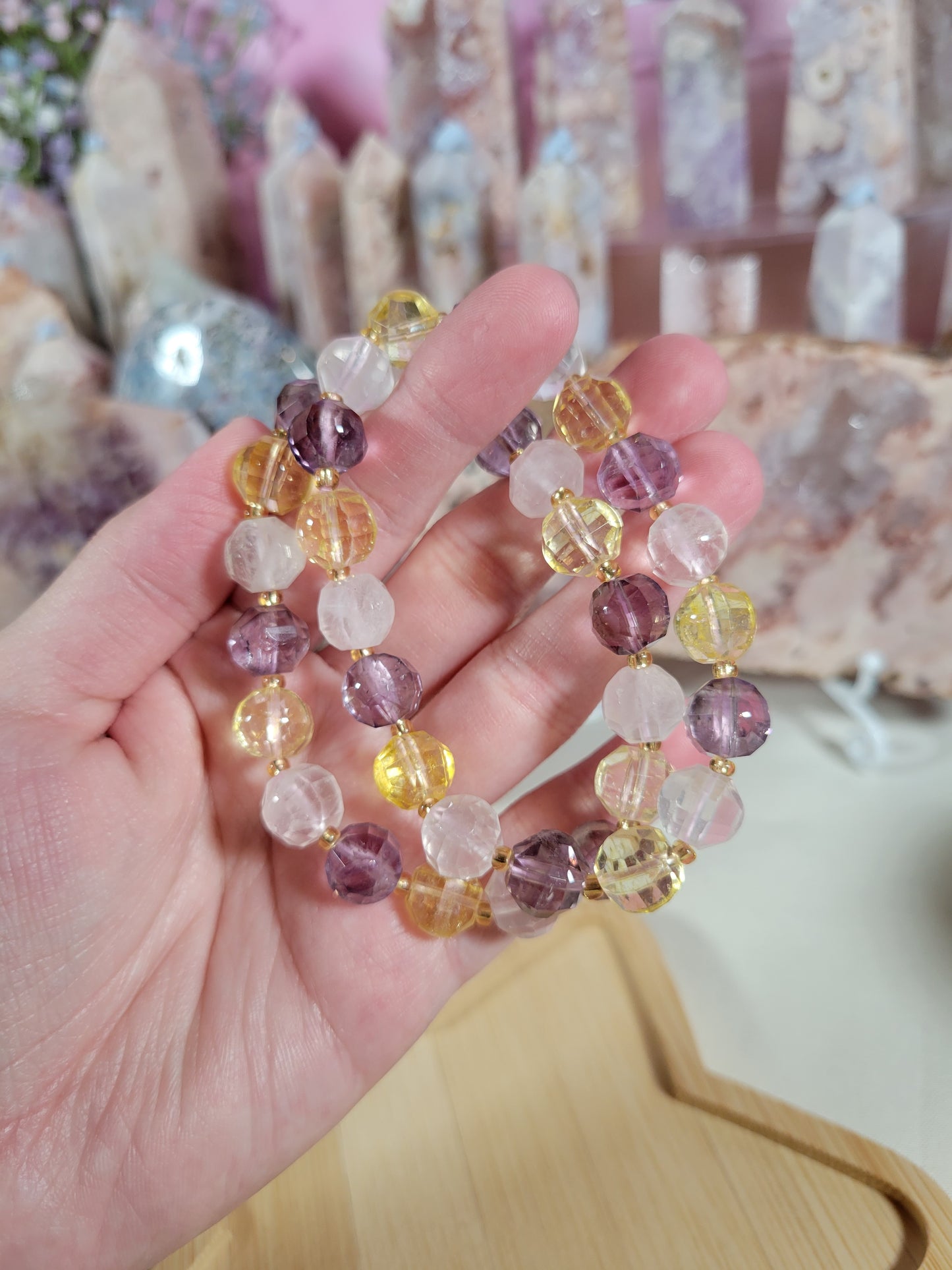 Faceted Citrine Amethyst Rose Quartz Beaded Crystal Bracelet 9mm