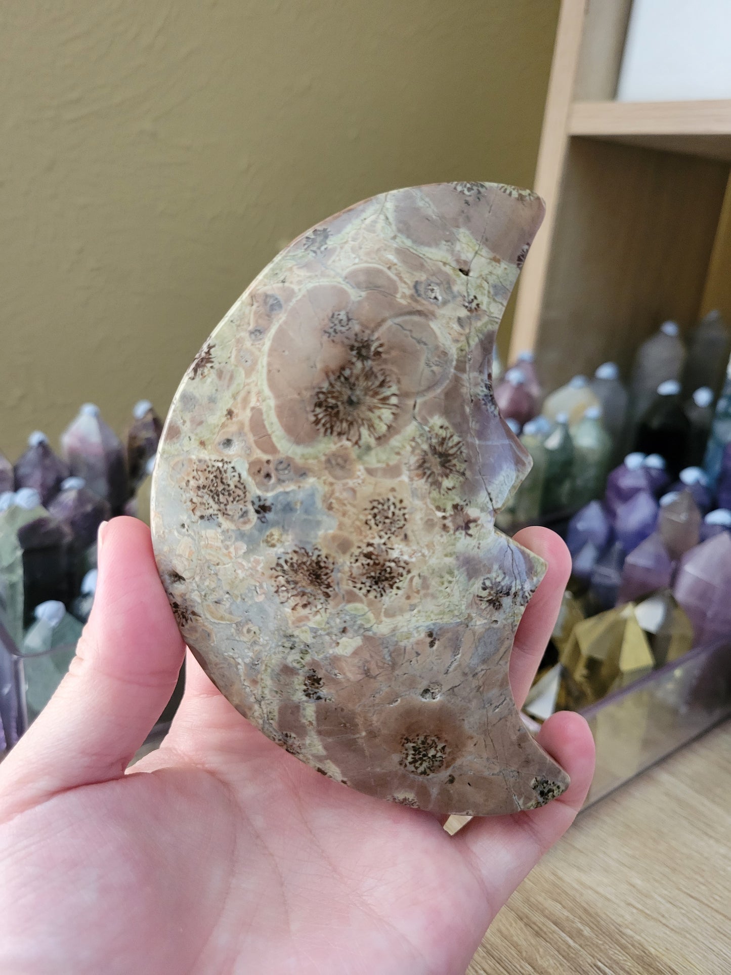 Beautiful Flower Jasper Moon Carving 60FJ