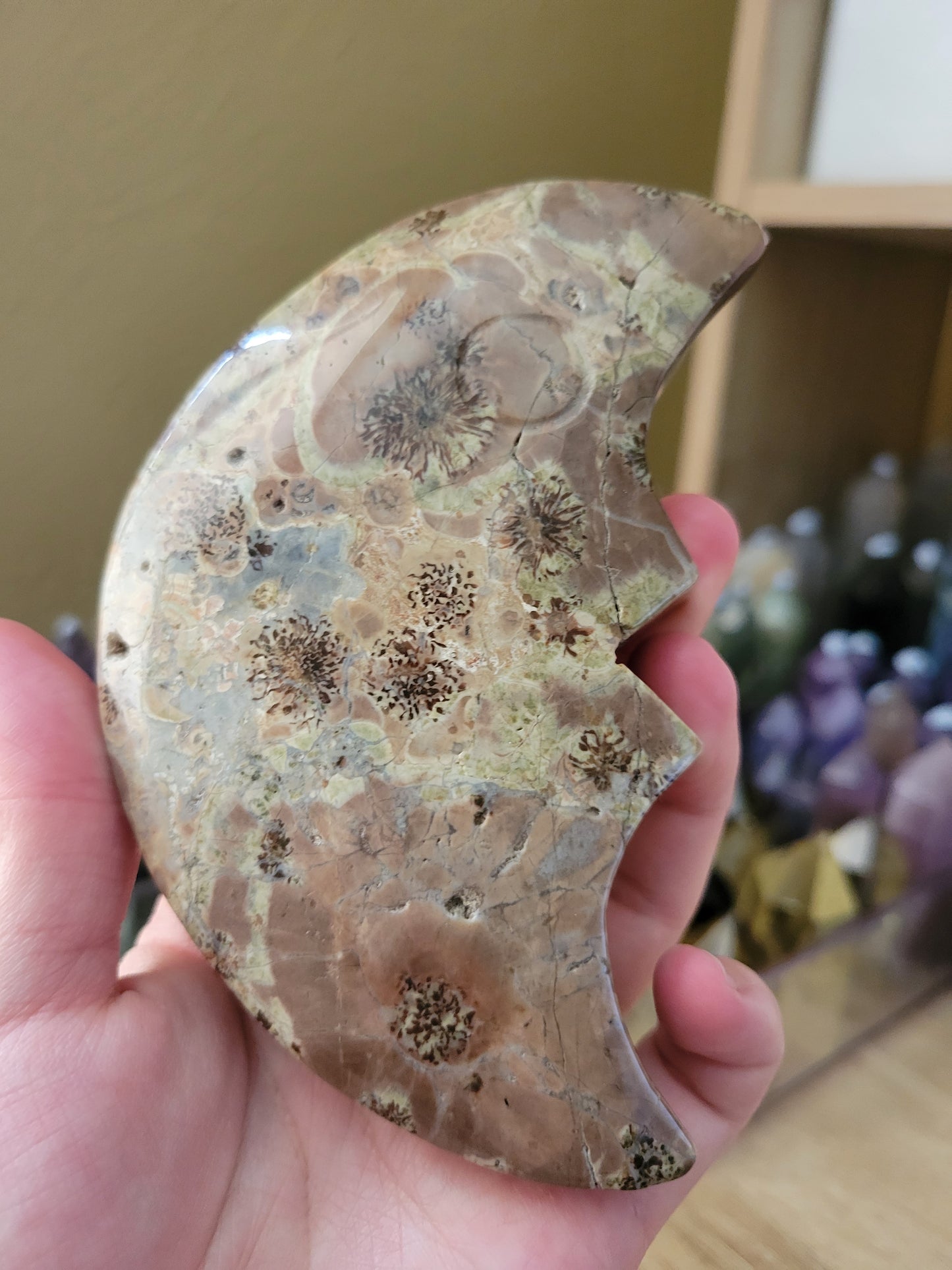 Beautiful Flower Jasper Moon Carving 60FJ