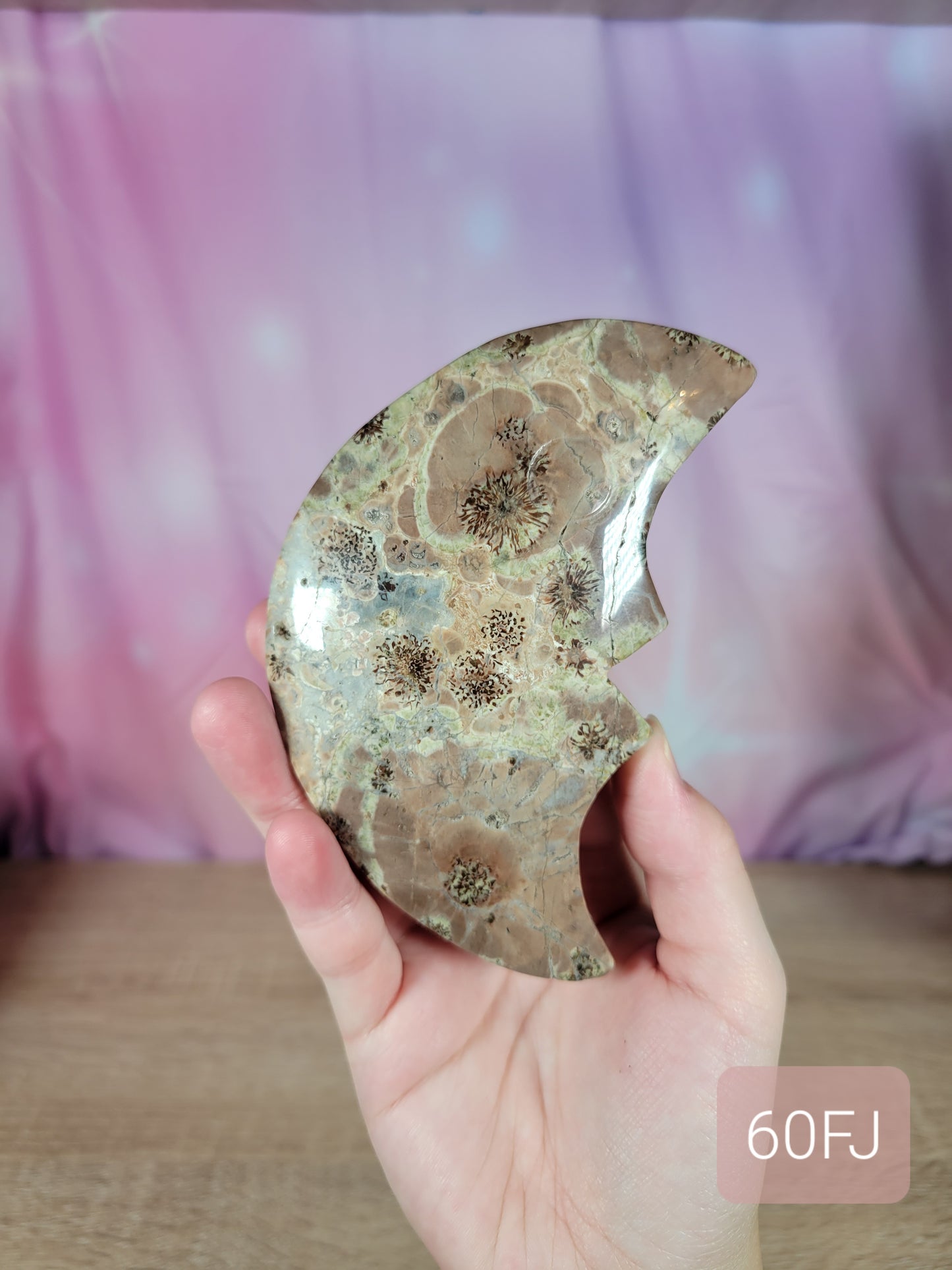 Beautiful Flower Jasper Moon Carving 60FJ