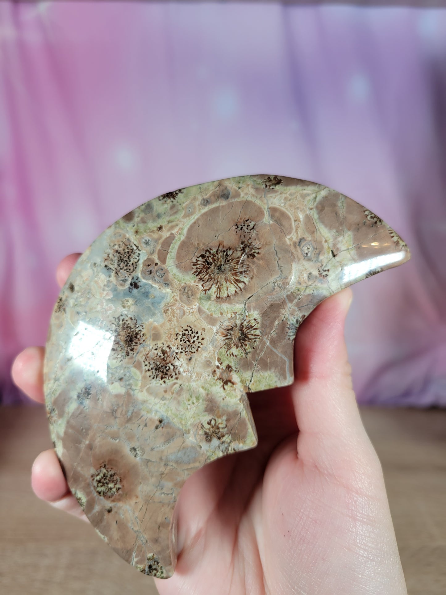 Beautiful Flower Jasper Moon Carving 60FJ