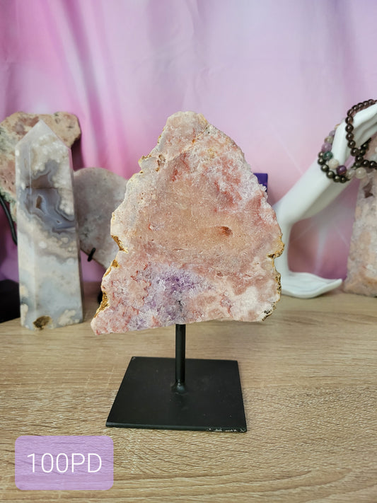 Pink Amethyst Flower Agate Slab on Stand 100PD