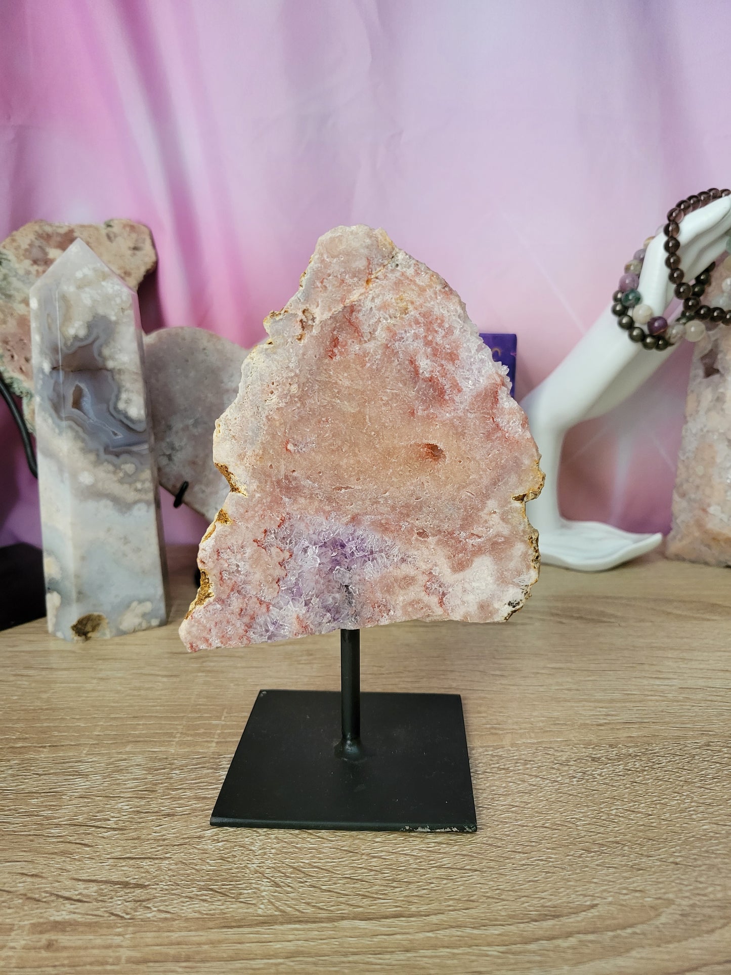 Pink Amethyst Flower Agate Slab on Stand 100PD