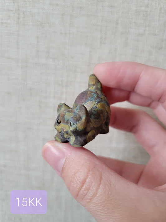 Colorful Matte Rainforest Jasper Kitty Carving 15KK