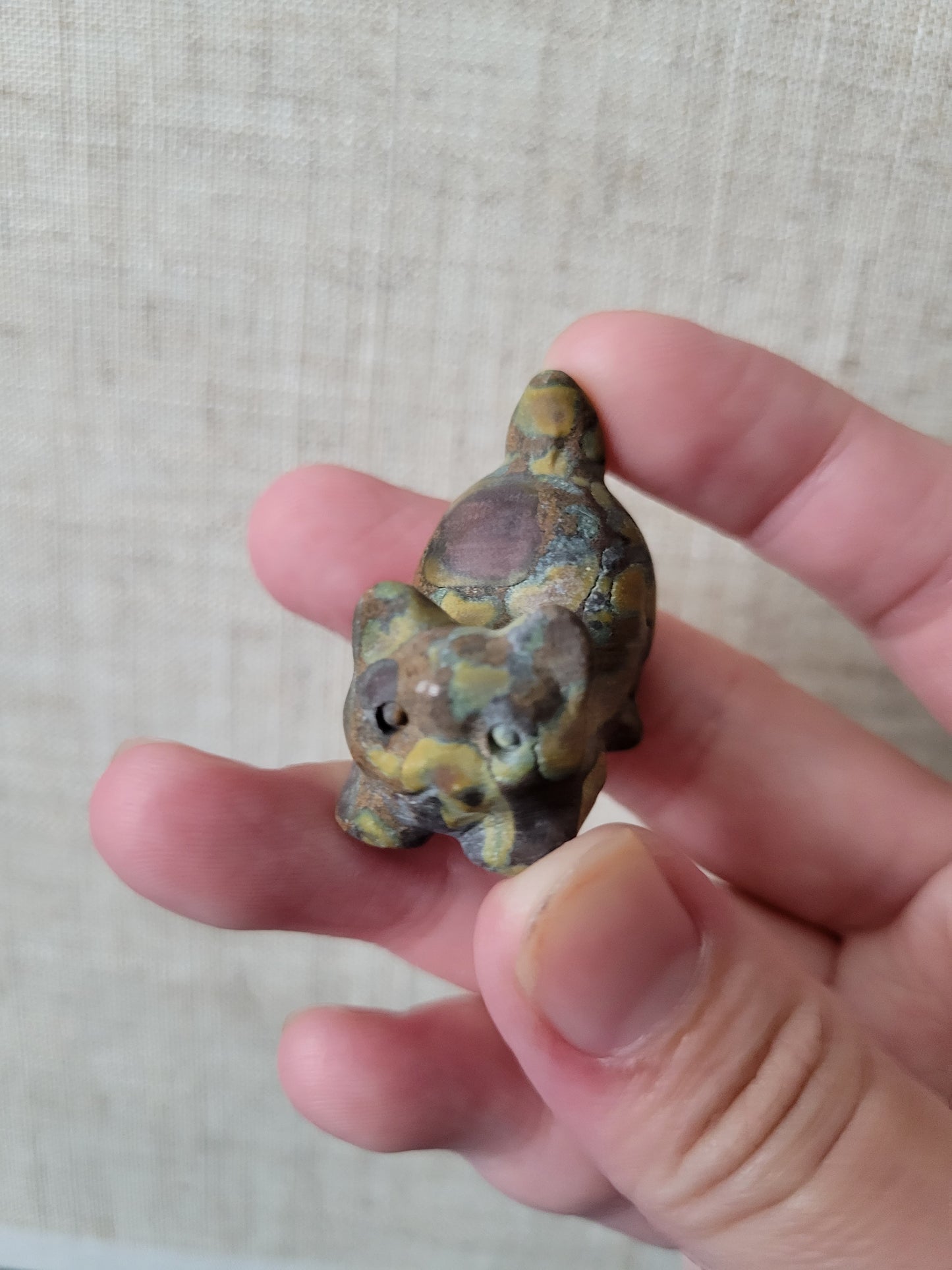 Colorful Matte Rainforest Jasper Kitty Carving 15KK