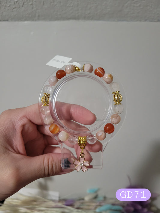 GD71 Carnelian, Clear Quartz, and Flower Agate Bracelet