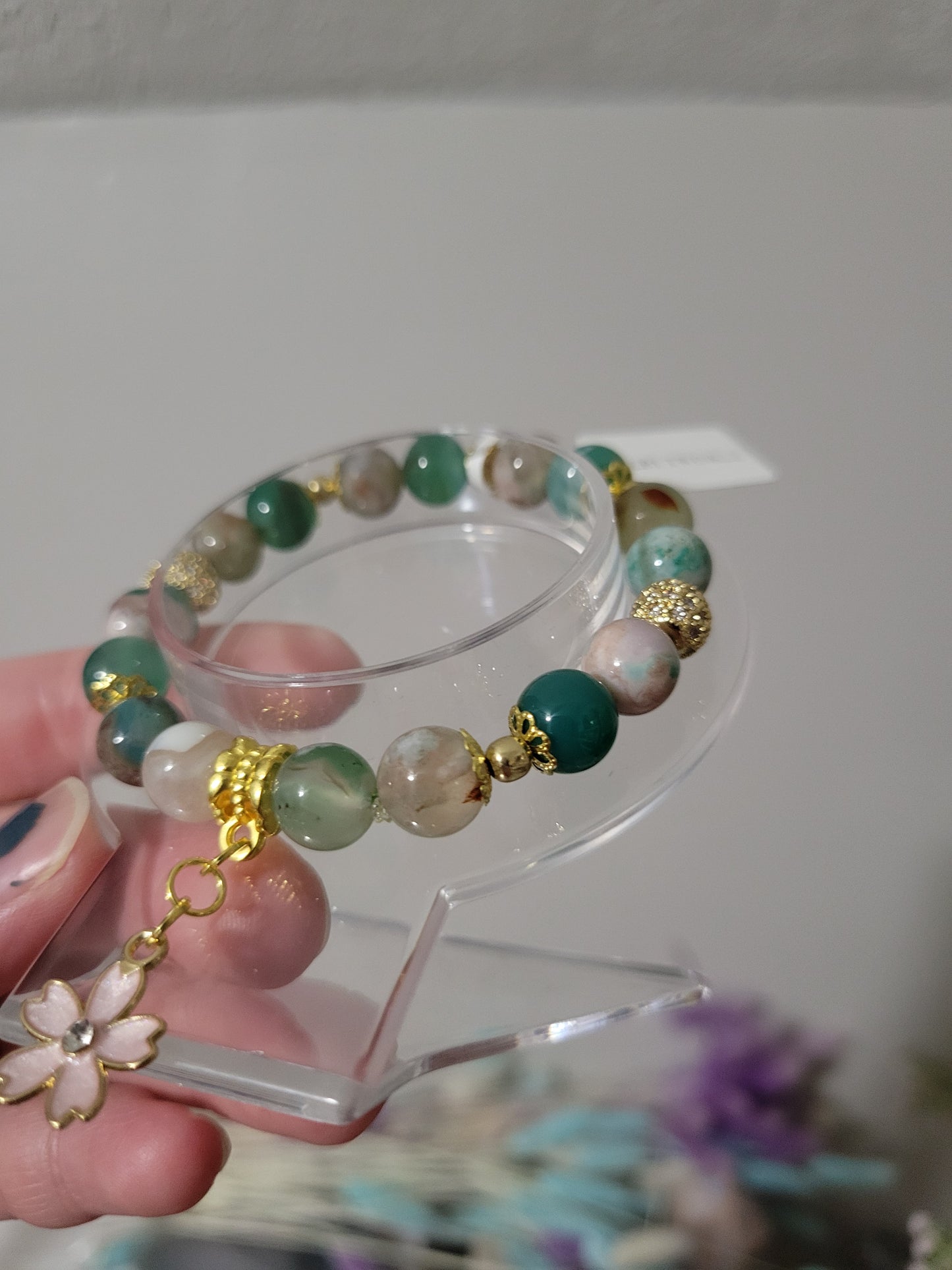 GD65 Green Flower Agate Bracelet