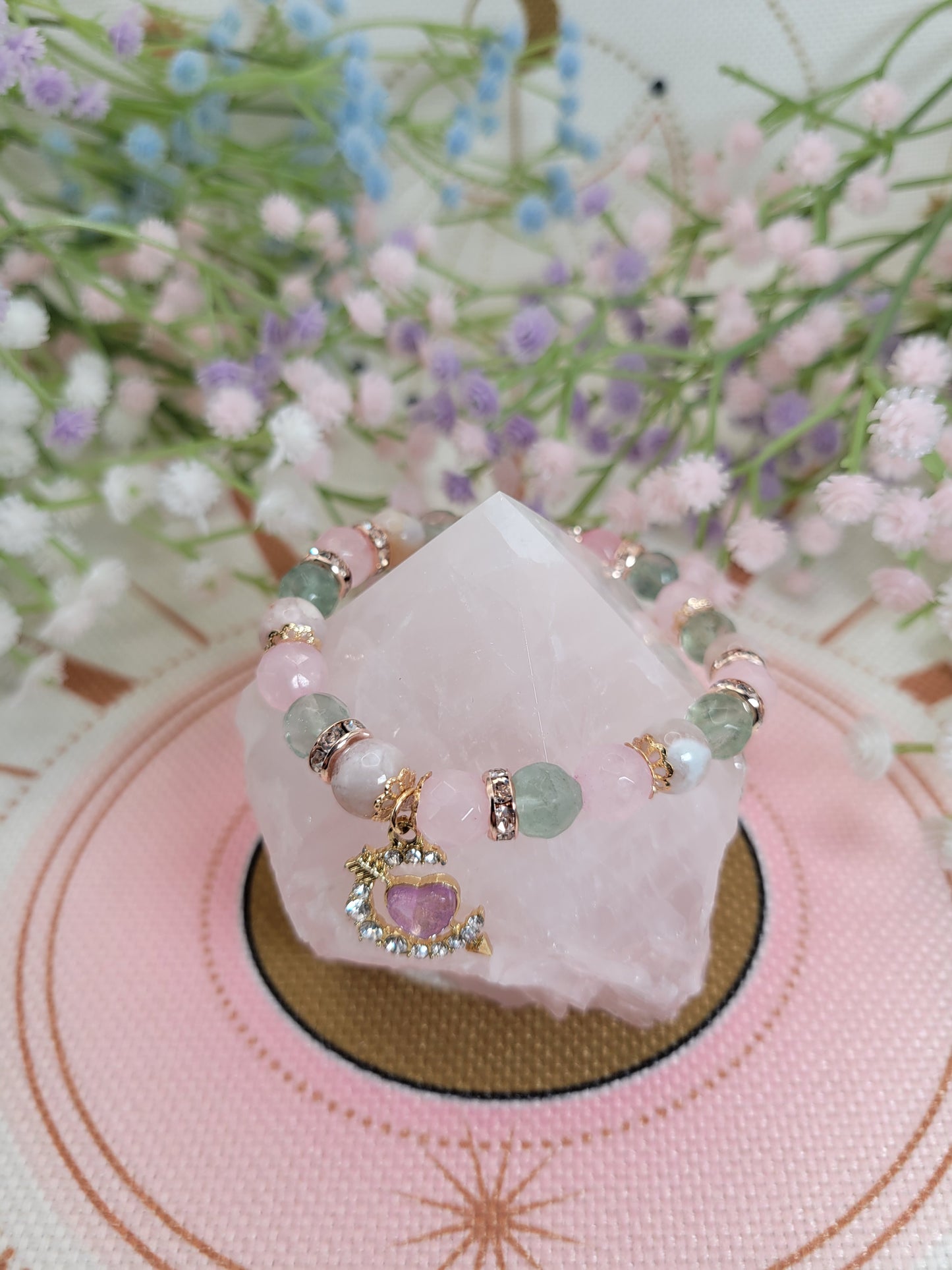 Reserved-RG1 Flower Agate, Fluorite, and Rose Quartz Bracelet