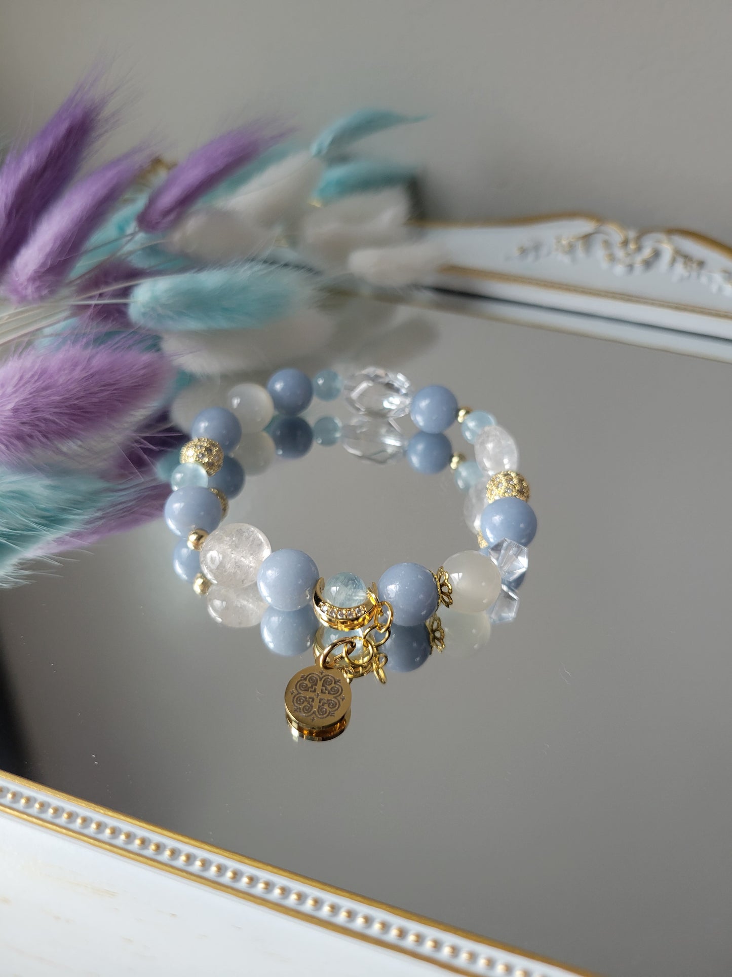 HEL3 Angelite, Aquamarine, Clear Quartz, and White Moonstone Bracelet