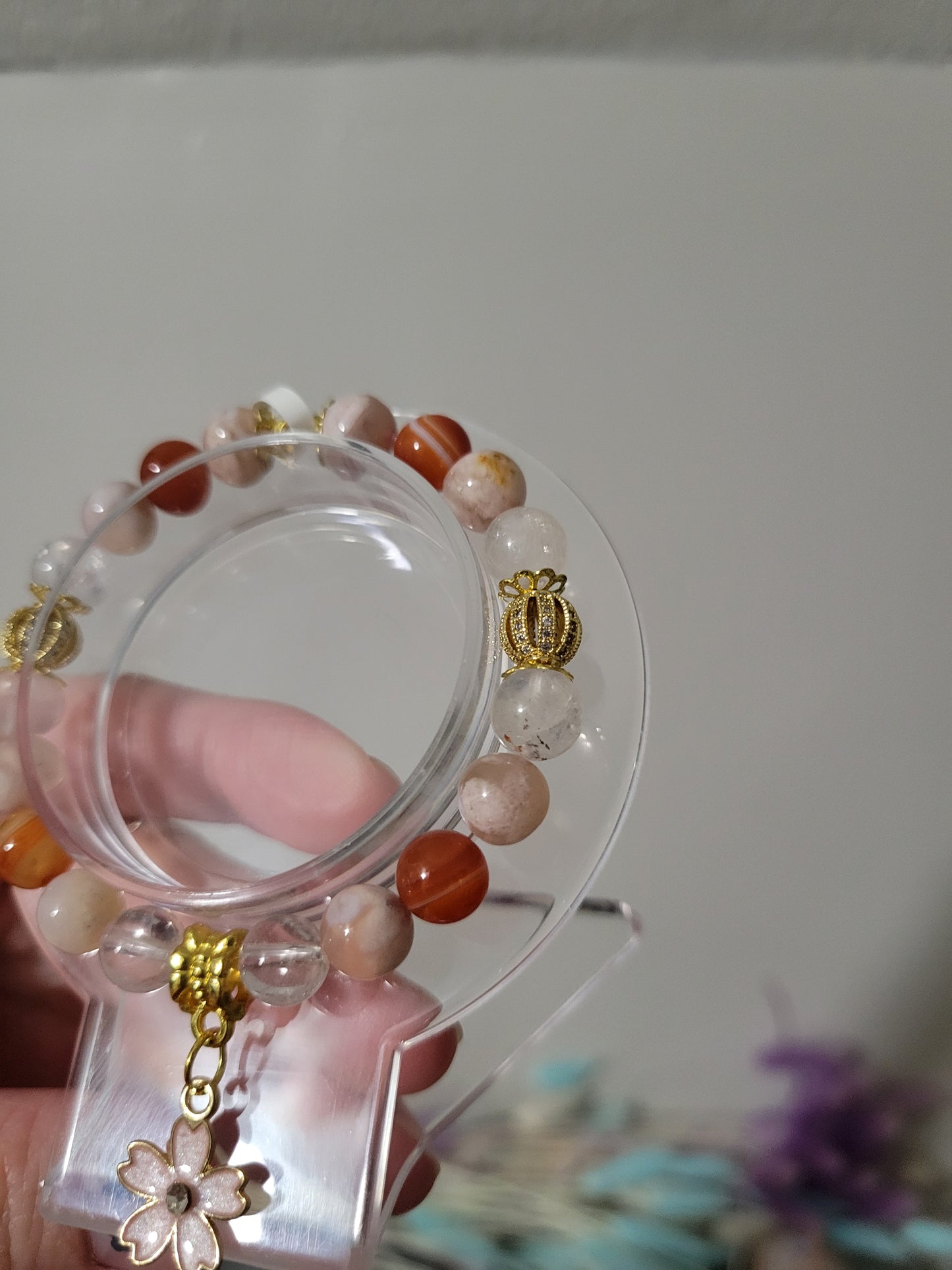 GD71 Carnelian, Clear Quartz, and Flower Agate Bracelet