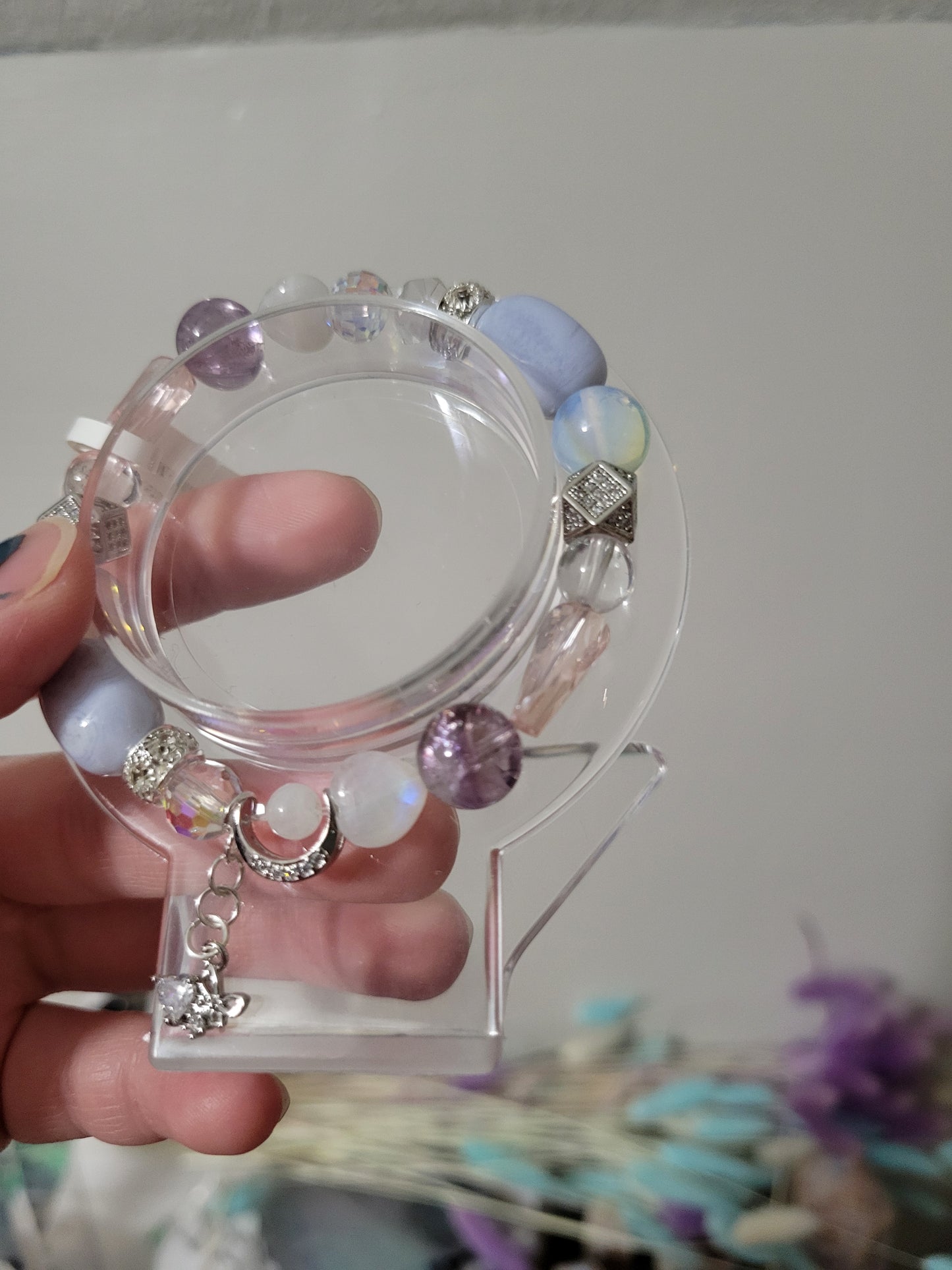 SVC9 Amethyst Azeztulite, Angelite, Blue Lace Agate, Opalite, and Moonstone Bracelet