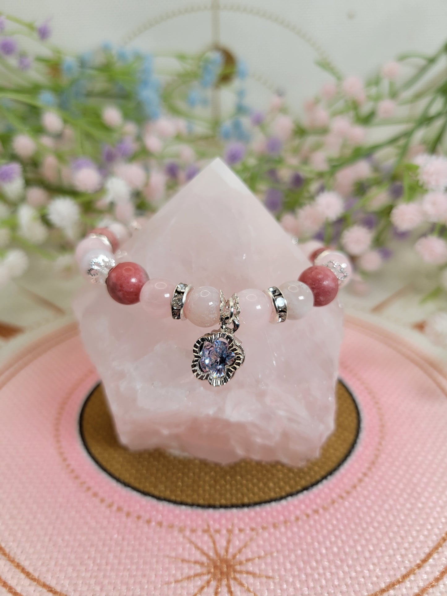 SV20 Flower Agate, Rose Quartz, and Rhodochrosite Bracelet