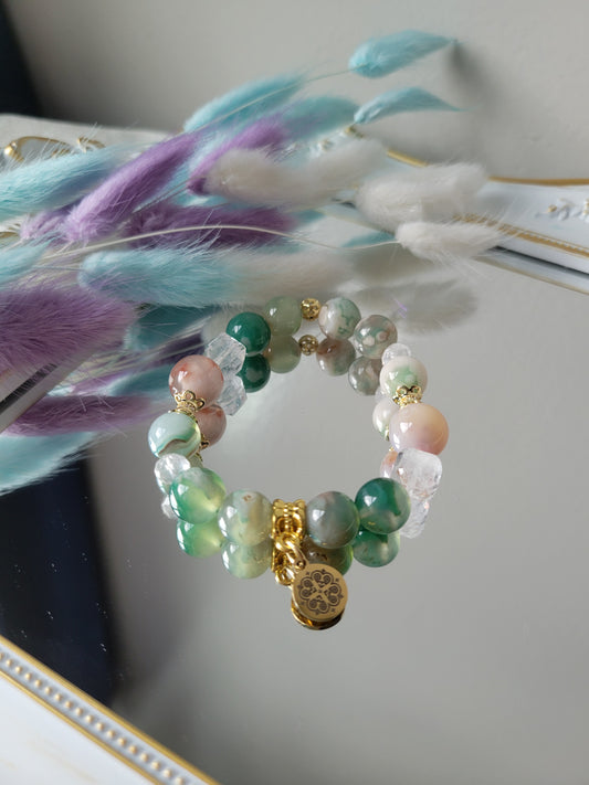 HEC6 Clear Quartz, Flower Agate, and Green Flower Agate Bracelet