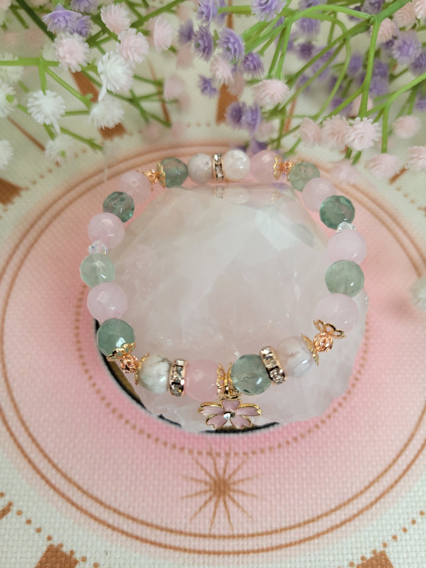 RG2 Flower Agate, Fluorite, and Rose Quartz Bracelet