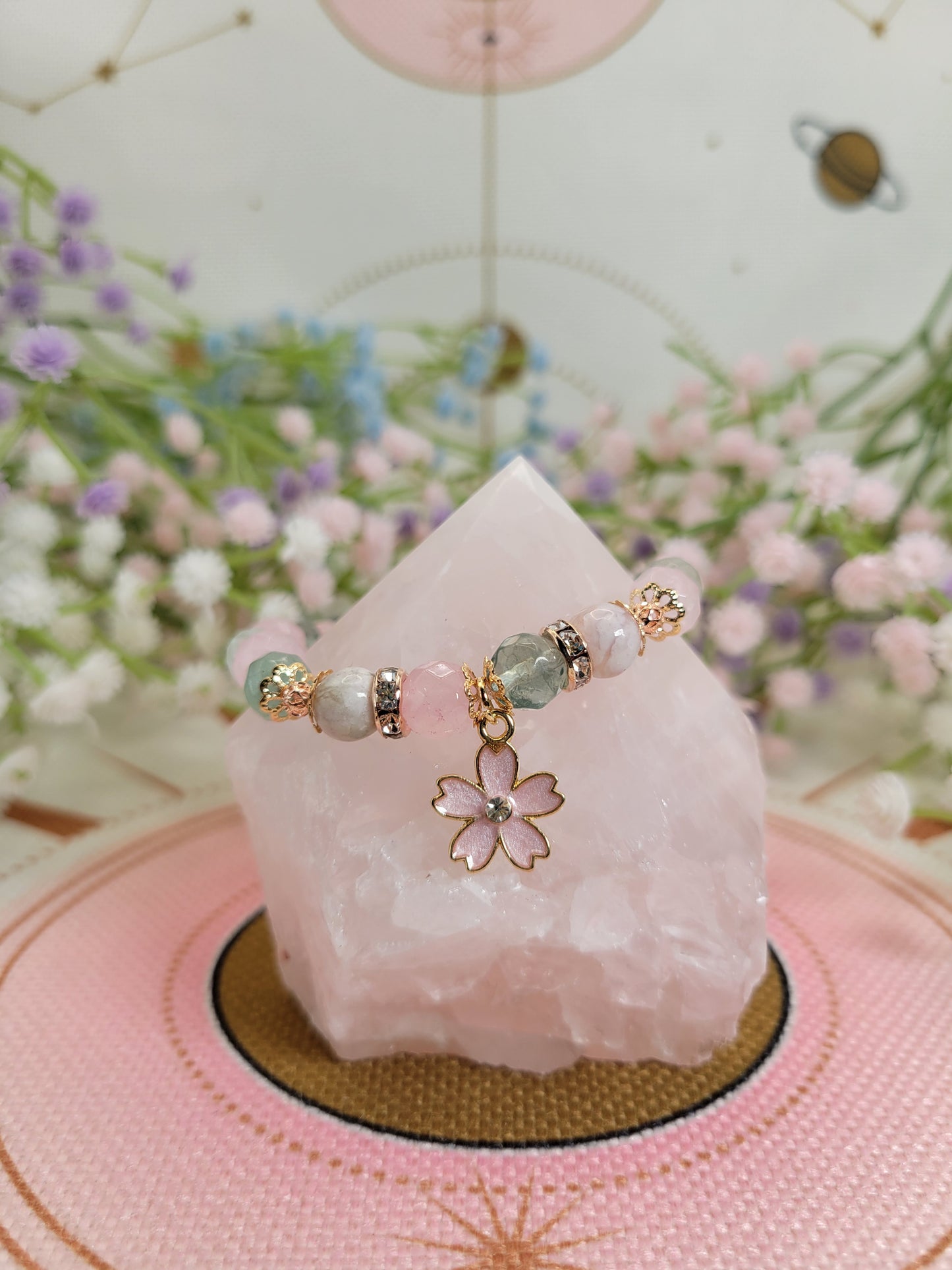 RG2 Flower Agate, Fluorite, and Rose Quartz Bracelet