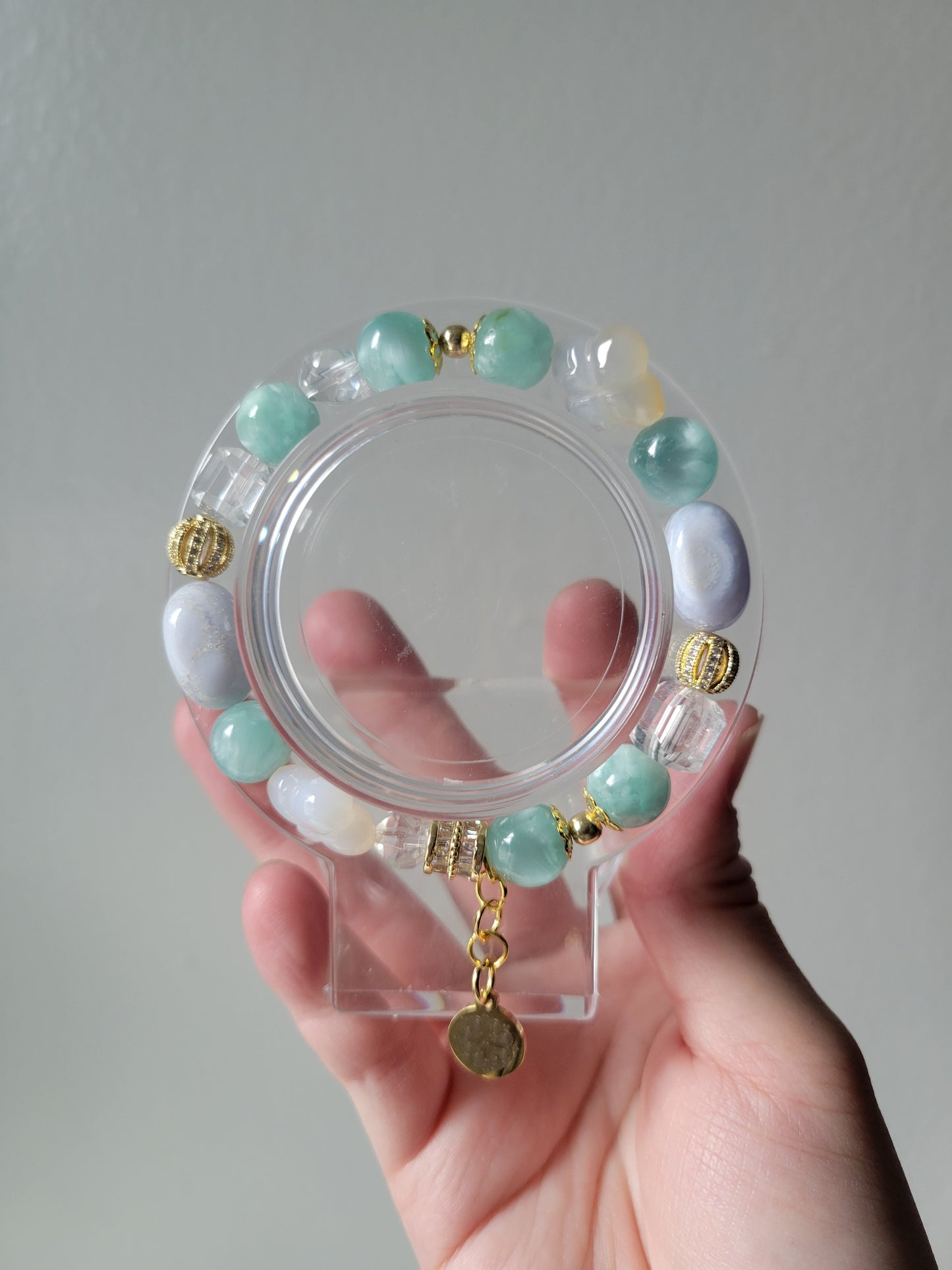 HEC2 Blue Lace Agate, Carnelian, Chinese Larimar, and Clear Quartz Bracelet