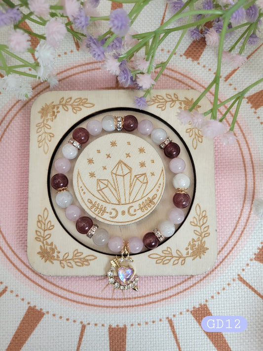 GD12 Moonstone, Rose Quartz, and Strawberry Quartz Bracelet