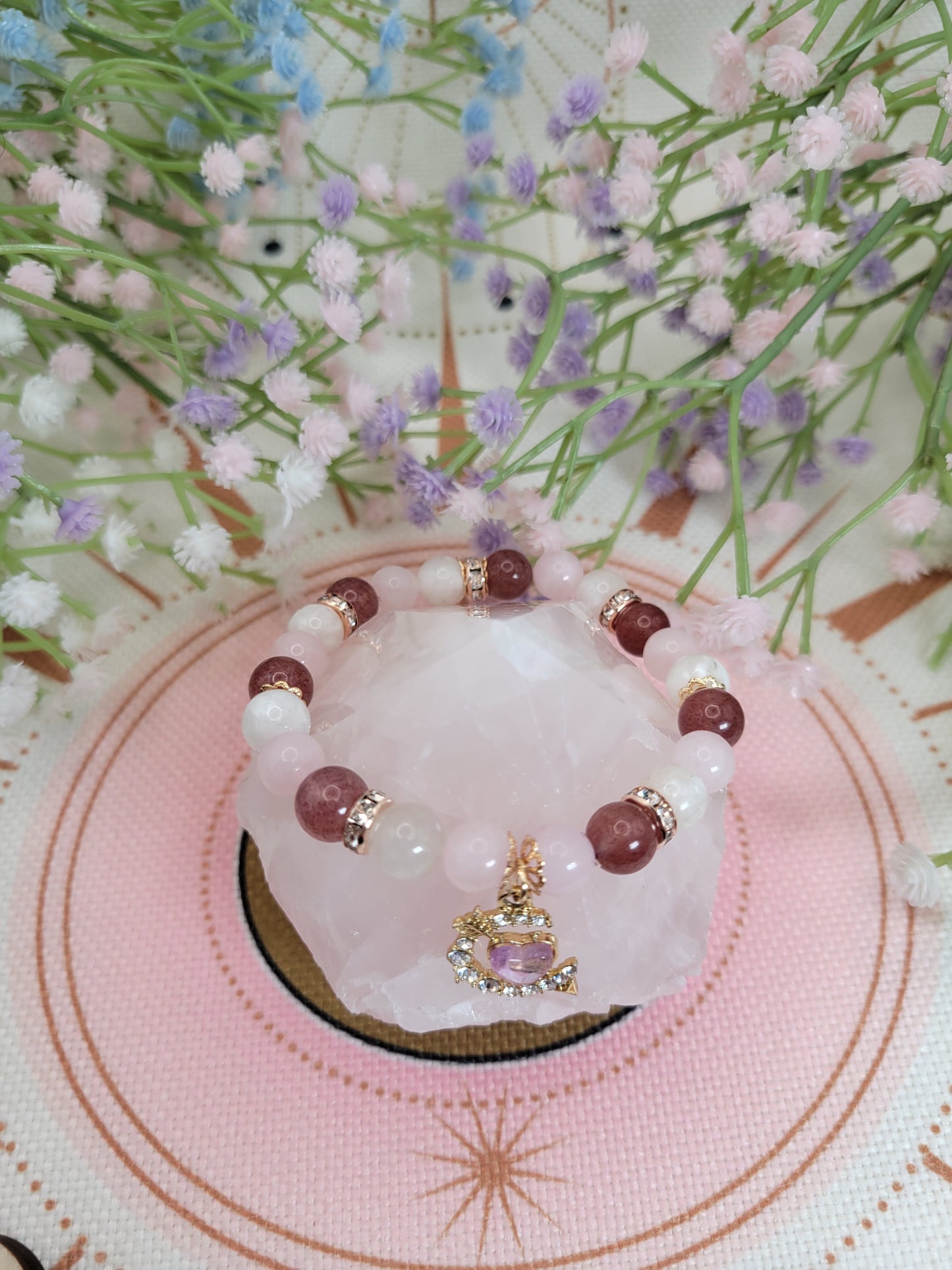 GD12 Moonstone, Rose Quartz, and Strawberry Quartz Bracelet