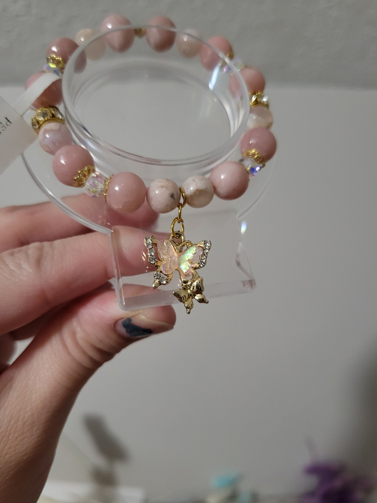 GD73 Flower Agate and Pink Opal Bracelet