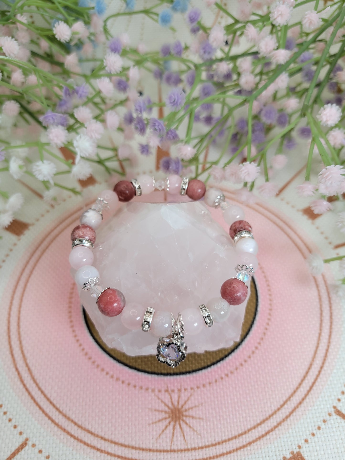 SV20 Flower Agate, Rose Quartz, and Rhodochrosite Bracelet