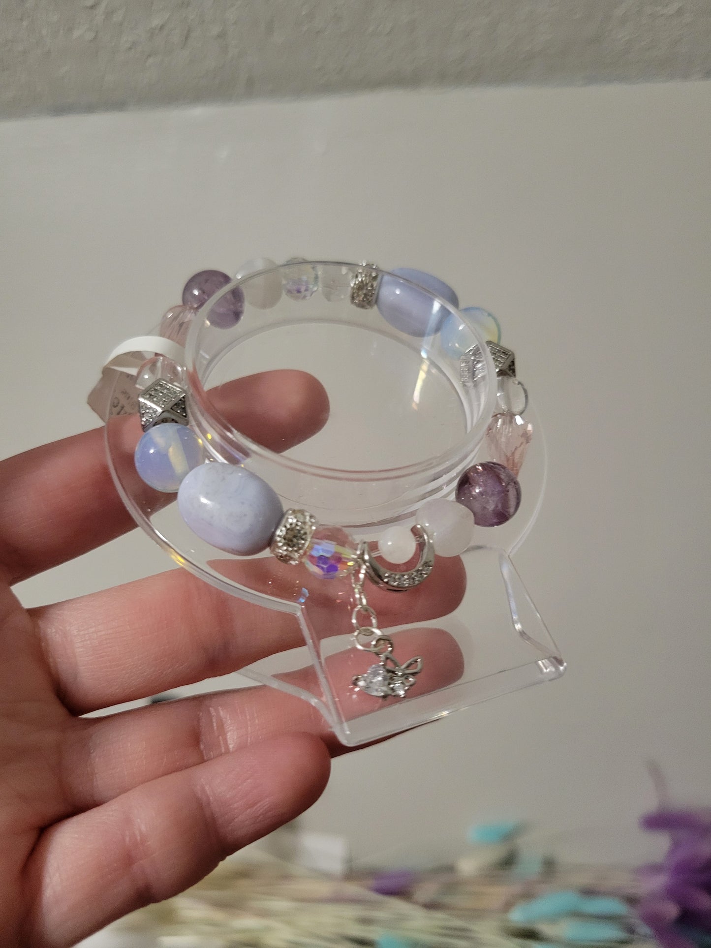 SVC9 Amethyst Azeztulite, Angelite, Blue Lace Agate, Opalite, and Moonstone Bracelet