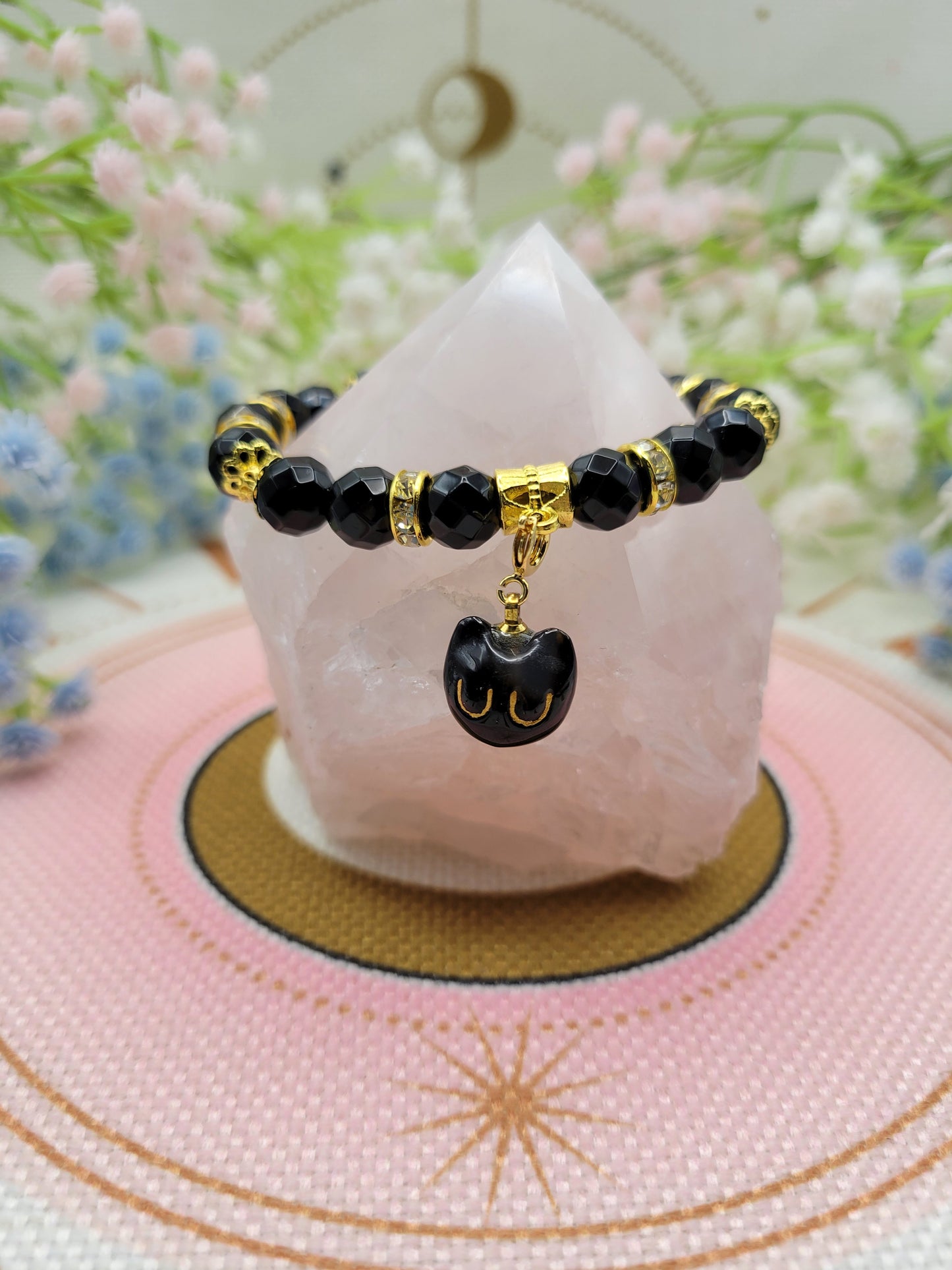 GD39 Faceted Black Obsidian with Cute Cat Charm Bracelet