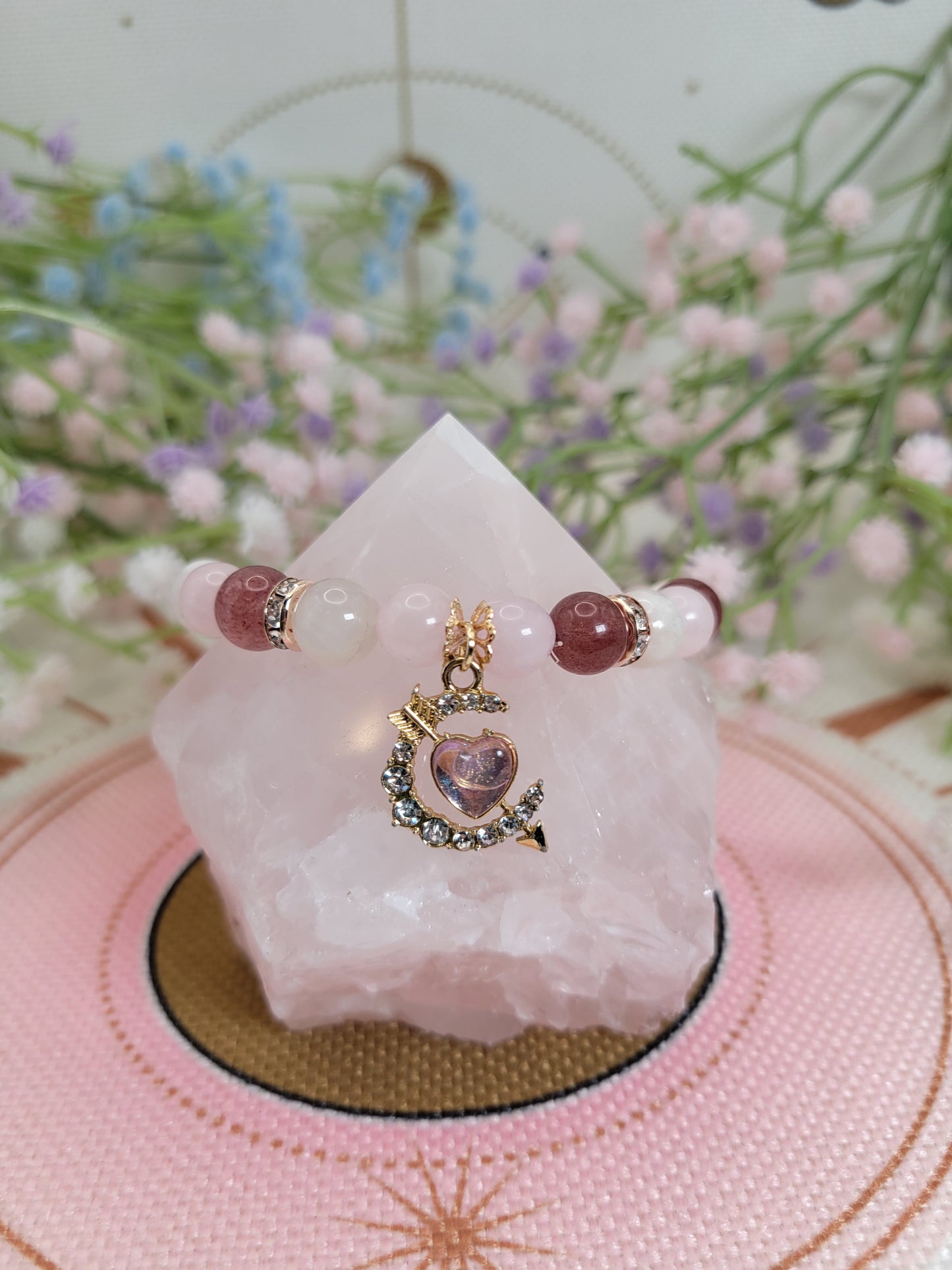 GD12 Moonstone, Rose Quartz, and Strawberry Quartz Bracelet