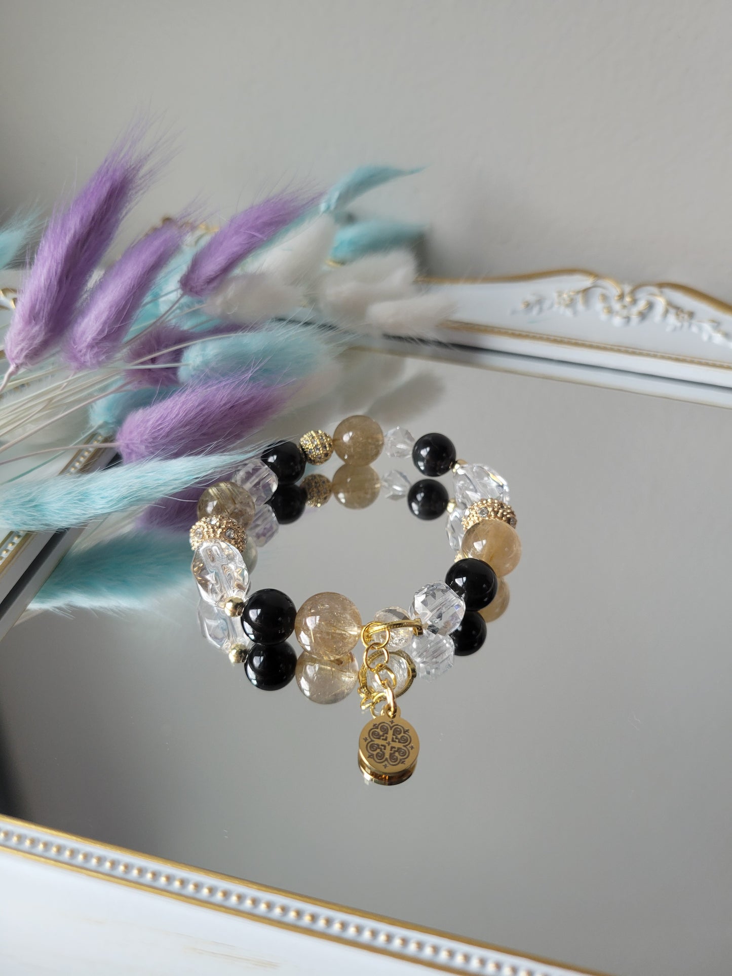 HEL2 Black Obsidian, Clear Quartz, and Golden Rutile Bracelet