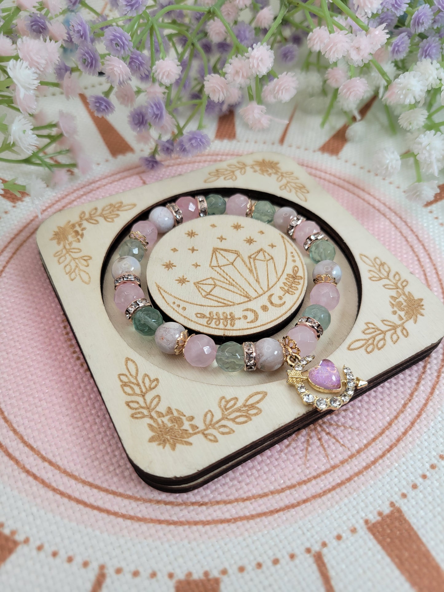 Reserved-RG1 Flower Agate, Fluorite, and Rose Quartz Bracelet