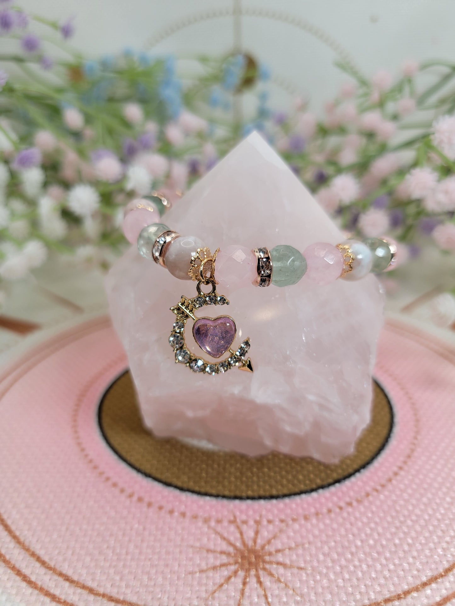 Reserved-RG1 Flower Agate, Fluorite, and Rose Quartz Bracelet