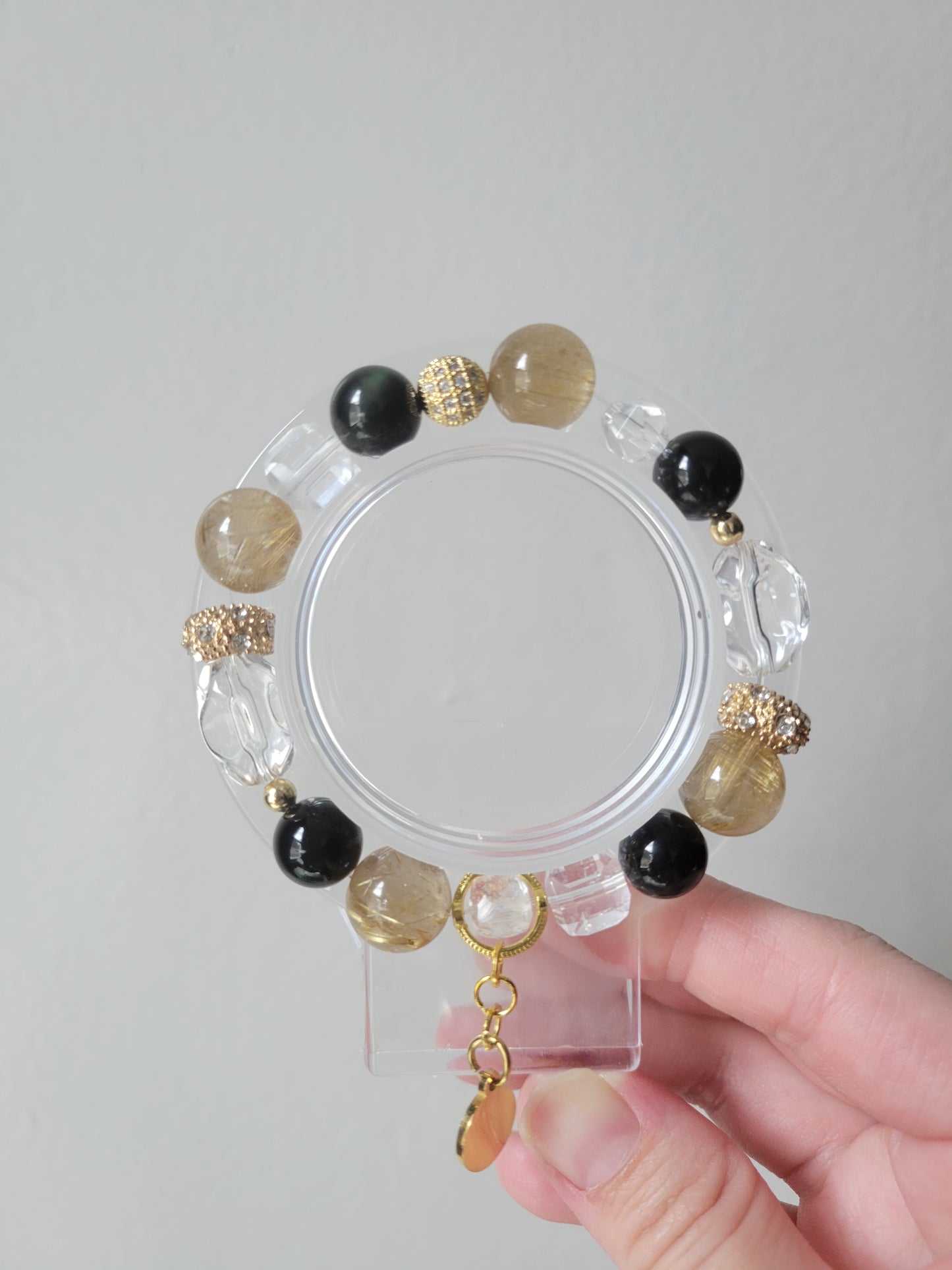 HEL2 Black Obsidian, Clear Quartz, and Golden Rutile Bracelet