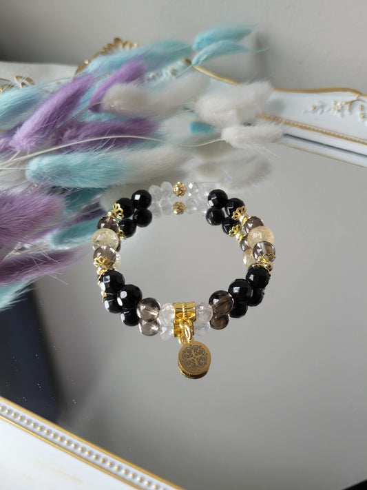 HED2 Black Obsidian, Citrine, Clear Quartz, and Smoky Quartz Bracelet